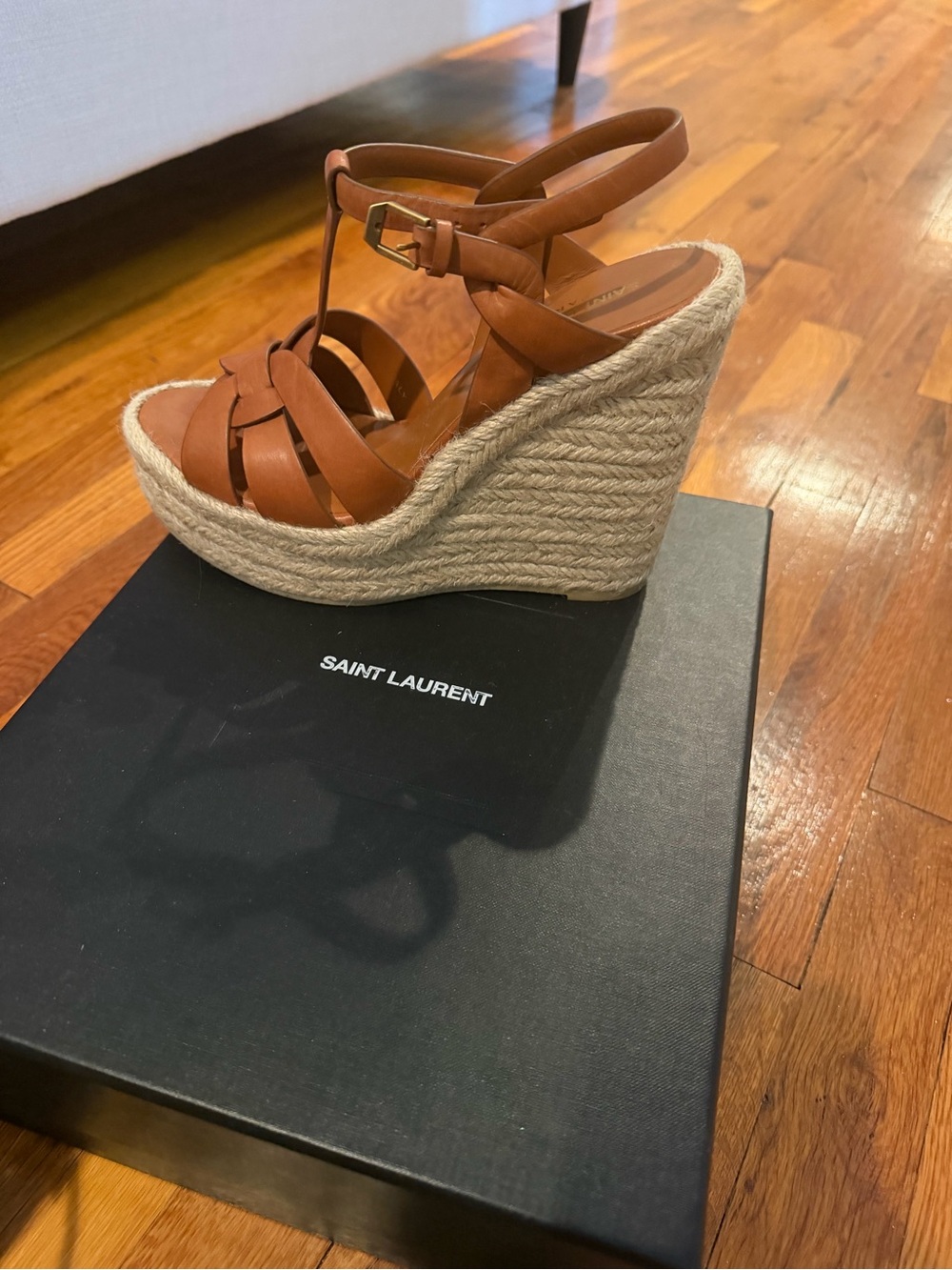Saint Laurent Tan Leather Espadrille Wedge Sandals